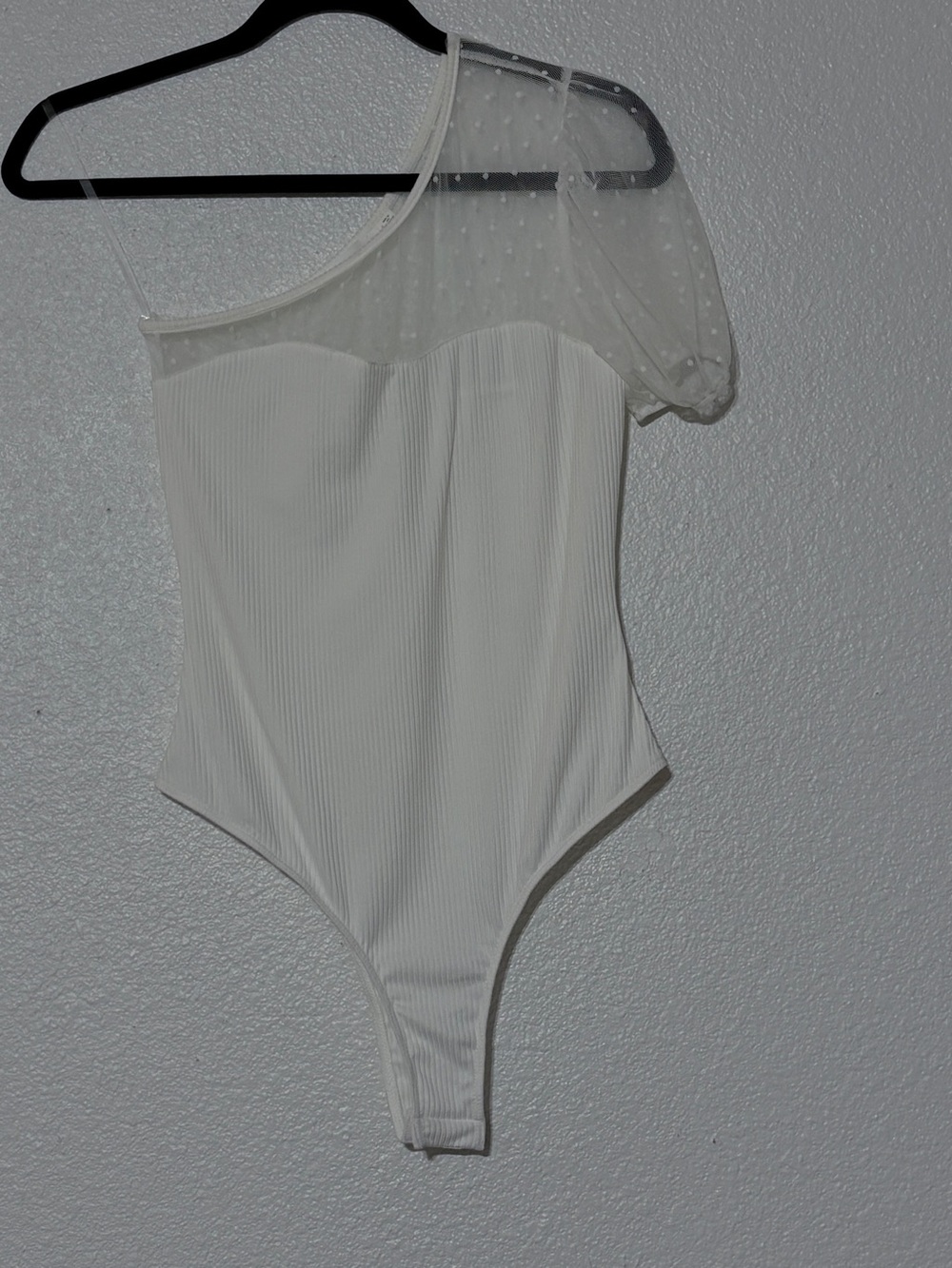 LUSH Sz S One Shoulder Mesh Ribbed Bodysuit Ivory Polka Dot Lace Puff Sleeves